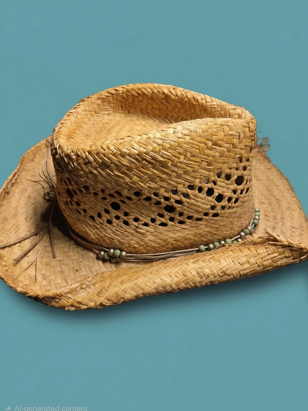 Natural Straw Cowboy Hat with Beaded Band - Tan - Picture 3 of 5